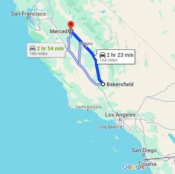 Map showing distance between Merced and Bakersfield